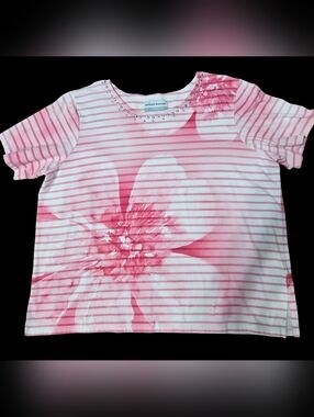 Alfred Dunner Petite L Floral,Pink/White Stripes, Short Sleeves Embellished Neck